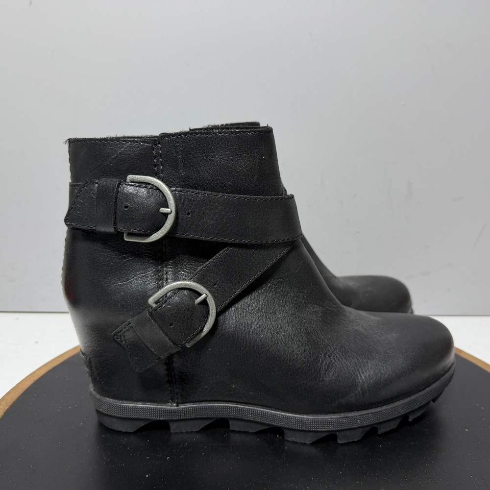 Sorel Evie Buckle Bootie Women Size 9 Ankle Wedge Black Leather Casual Boots
